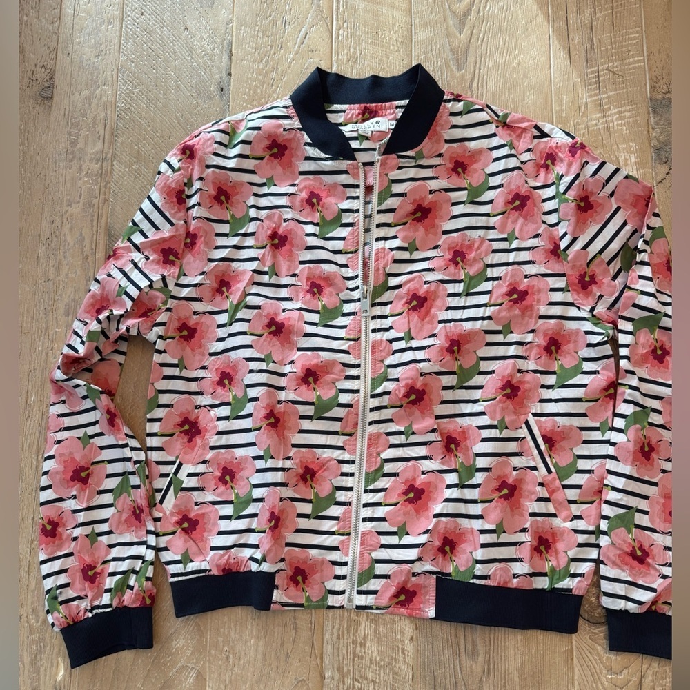 Molly Bracken Pink Floral Stripe Bomber Jacket Style Shirt M